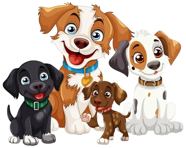 Vier Leuke Cartoon Honden Samen Poseren Gelukkig — Stockvector