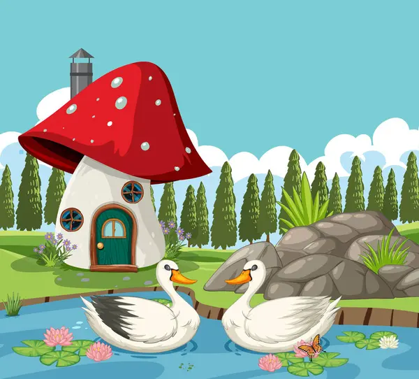 Dois Patos Nadando Por Uma Casa Cogumelos Caprichosa — Vetor de Stock