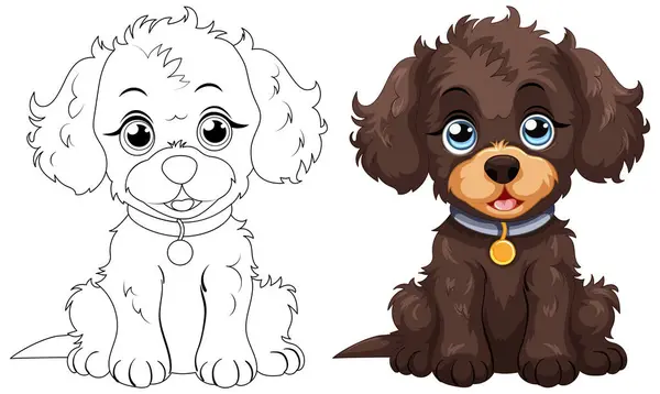 Twee Schattige Geïllustreerde Puppies Met Grote Ogen — Stockvector
