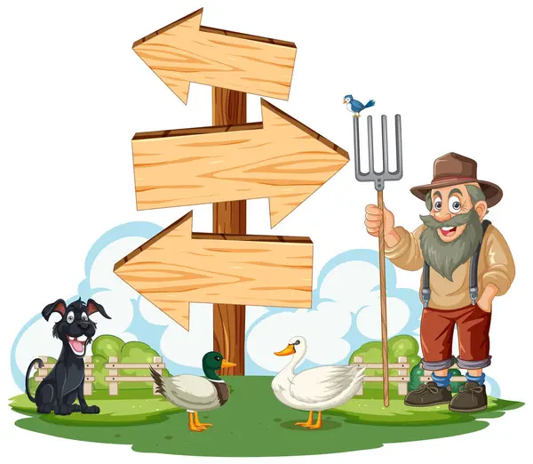 Cartoon Farmer Animals Wooden Signposts — Stock Vector
