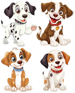 Neşeli ifadeli dört sevimli köpek yavrusu