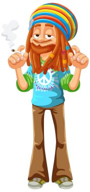 Sigara içen ve rahatlatan mutlu Rastafaryan bir adamın çizgi filmi..