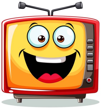 Canlı bir kişiliği olan renkli, gülümseyen bir televizyon.