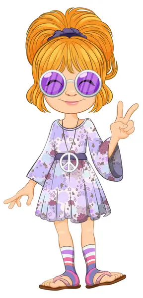 Dessin Animé Fille Costume Hippie Clignotant Signe Paix — Image vectorielle