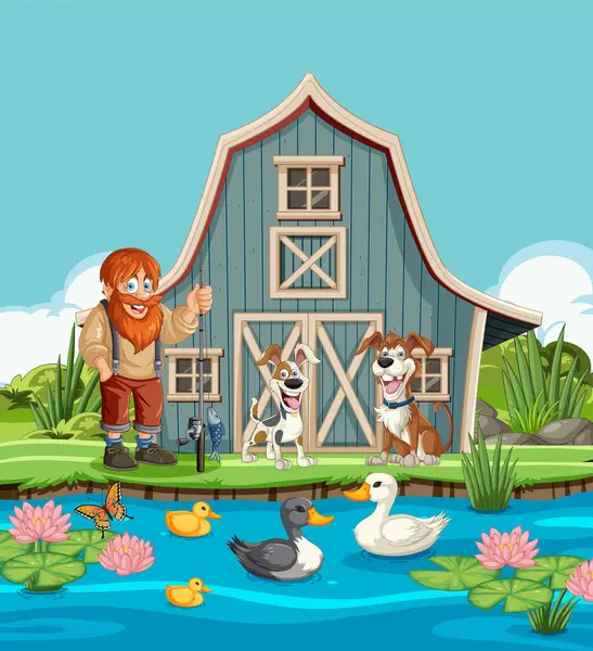Illustration Farmer Animals Barn — Stock Vector