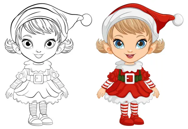 Красочные Линейные Художественные Иллюстрации Девушки Рождественского Эльфа Векторная Графика