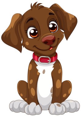 Şirin kahverengi beyaz köpek yavrusu mutlu mesut oturuyor.