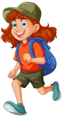 Neşeli kız sırt çantası ve şapkasıyla yürüyüş yapıyor.