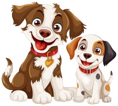 Neşeli ifadeli iki mutlu çizgi film köpeği.