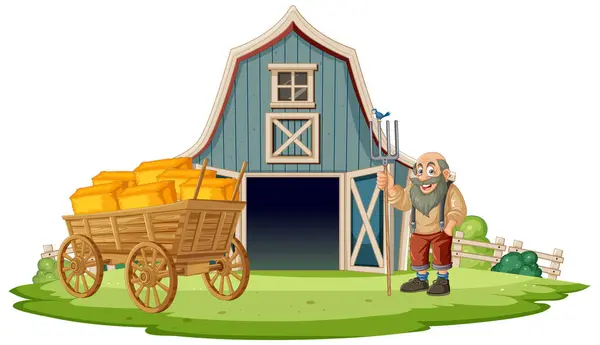 Cheerful Farmer Standing Barn Hay Filled Cart — Stock Vector