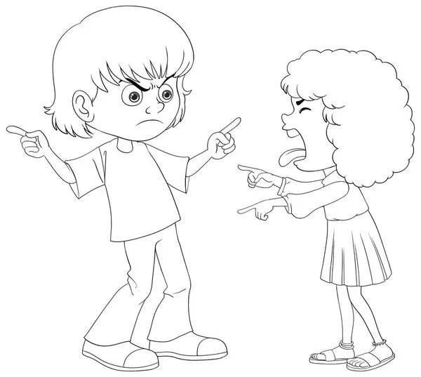 Zwei Cartoon Kinder Streiten Schwarz Weiß Zeichnung — Stockvektor