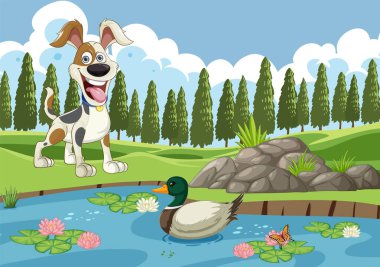 Çizgi filmdeki köpek ve ördek açık havada güneşli bir günün tadını çıkarıyor.