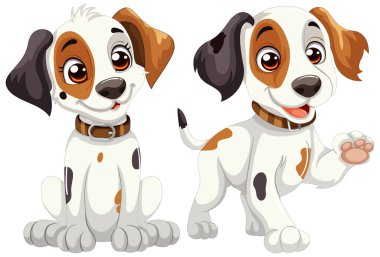 Mutlu ifadeli iki çizgi film köpeği..