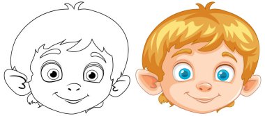 Siyah ve beyaz çizimler, renkli erkek çocuk resimlerinin yanında..