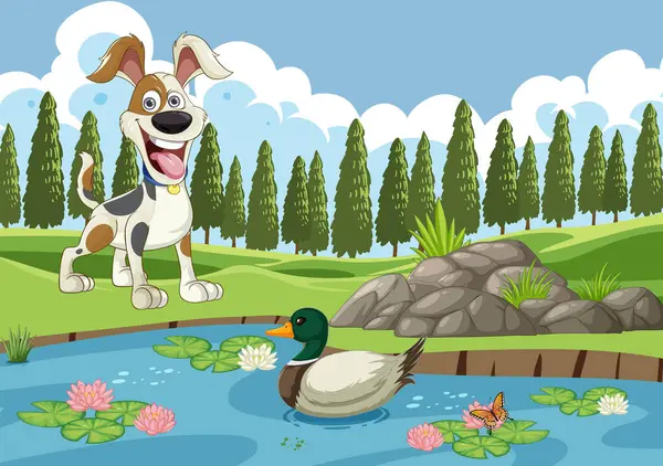 Çizgi filmdeki köpek ve ördek açık havada güneşli bir günün tadını çıkarıyor.