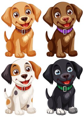 Neşeli ifadeleri olan dört sevimli vektör köpek..