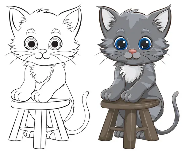 木製のスツールに座っている2つの愛らしい漫画の子猫 — ストックベクタ