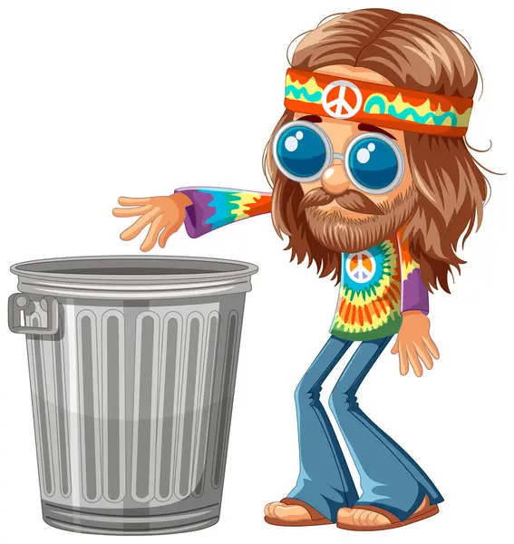 Cartoon Hippie Leaning Metal Trash Can — Stock Vector
