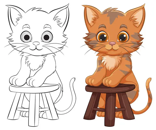 Two Adorable Kittens Sitting Wooden Stools — Stock Vector