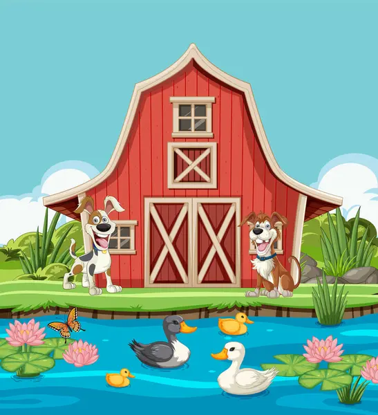 Ahırın yanında çizgi film hayvanları ve çiçeklerle dolu bir gölet.