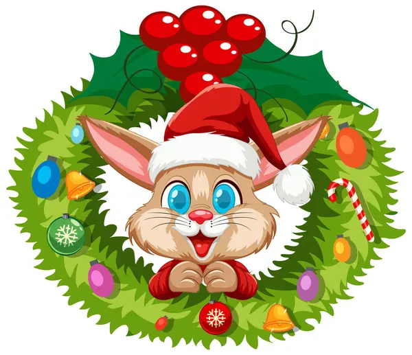 Милый Кролик Шляпе Санты Внутри Праздничного Венка — стоковый вектор