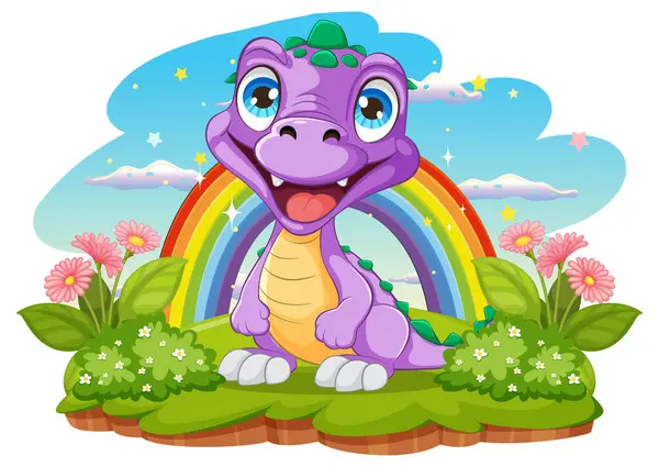 Cute Purple Dragon Sitting Colorful Rainbow — Stock Vector