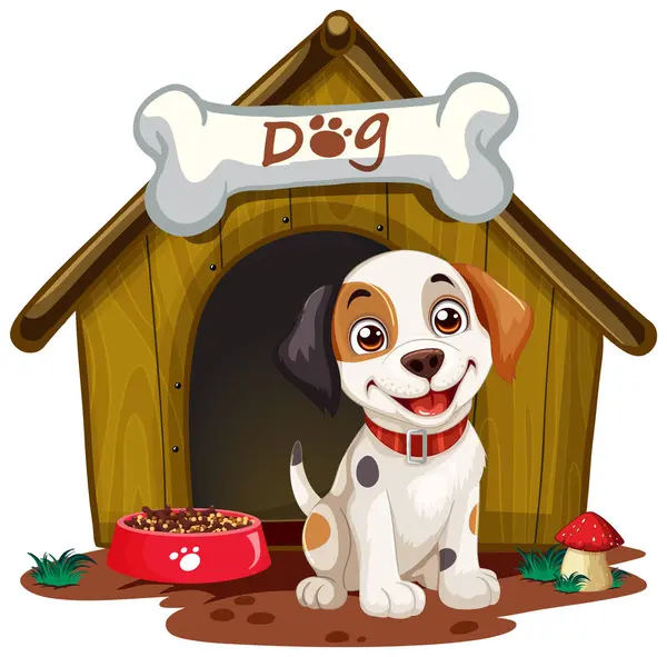 Cheerful Spotted Puppy Sitting Its Kennel — Stock Vector