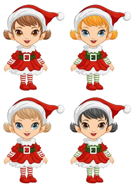 Quatre Elfes Bande Dessinée Tenue Noël Festive — Image vectorielle