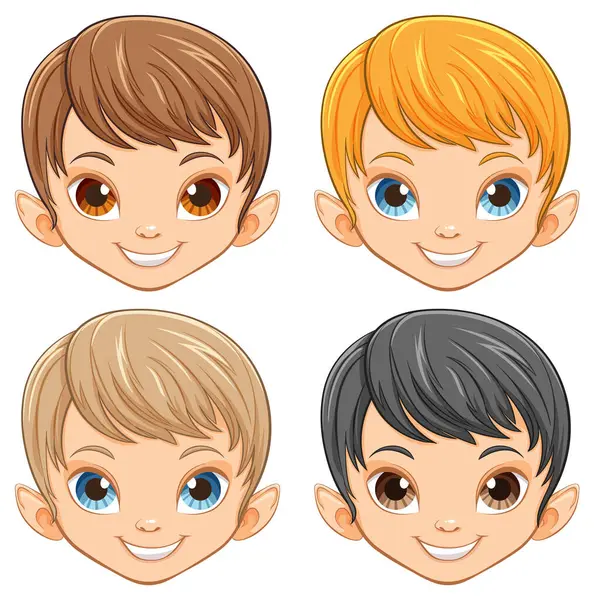 Čtyři Kreslené Děti Různými Účesy Výrazy — Stockový vektor
