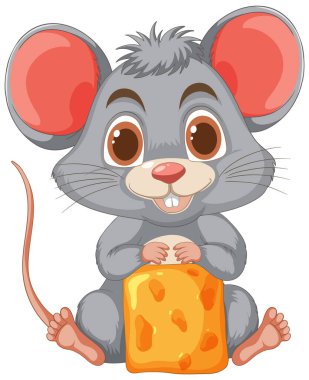 Sevimli çizgi film faresi elinde bir kalıp peynir tutuyor.
