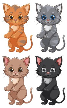 Farklı kürk renkleri olan dört sevimli yavru kedi.