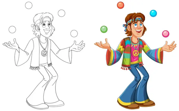 Karikatura Hippie Postavy Žonglování Koule Před Zbarvení Royalty Free Stock Vektory