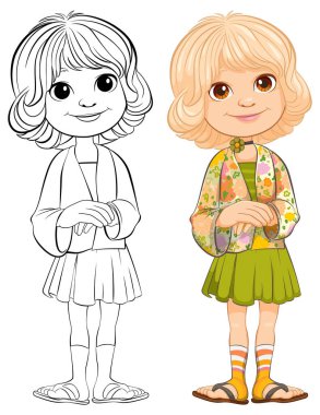 Renkli ve çizgi sanatı olan bir kızın vektör çizimi.