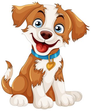 Neşeli animasyon köpeği büyük bir gülümsemeyle oturuyor.