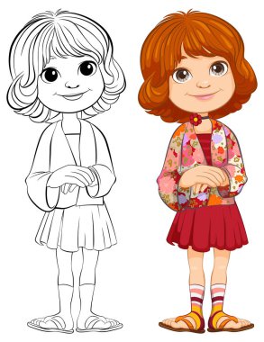 Kız vektör illüstrasyonu, renkli ve çizgi sanatı.