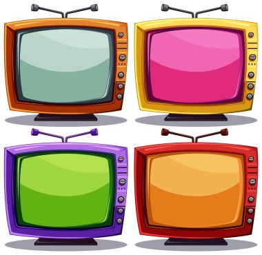 Farklı renklerde ekranları olan dört canlı vintage televizyon.