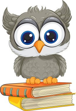 Renkli kitapların üzerinde oturan sevimli çizgi film baykuşu.