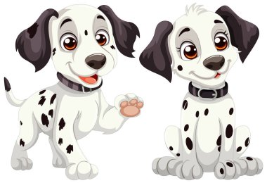 Mutlu ifadeleri olan iki Dalmaçyalı çizgi film köpeği.