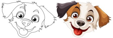 Mutlu bir köpek yavrusunun renkli ve özetlenmiş çizimleri.