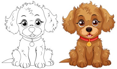 Neşeli ifadeleri olan iki sevimli çizgi film köpeği.