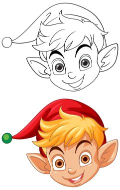 Mutlu bir elfin renkli ve çizgi çizimleri..