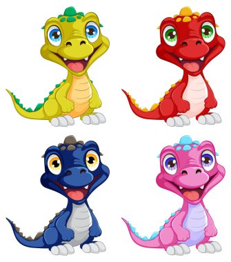 Dört sevimli bebek dinozor neşeyle gülümsüyor..