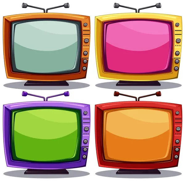 Four Vibrant Vintage Tvs Different Colored Screens — Stock Vector