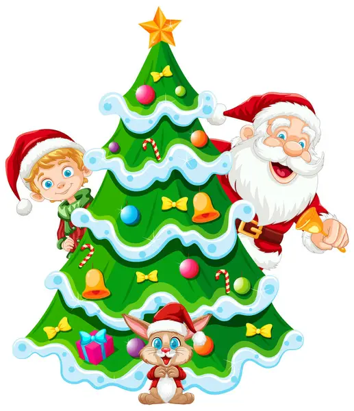 Noel Baba Elf Ren Geyiği Süslenmiş Bir Ağacın Yanında — Stok Vektör