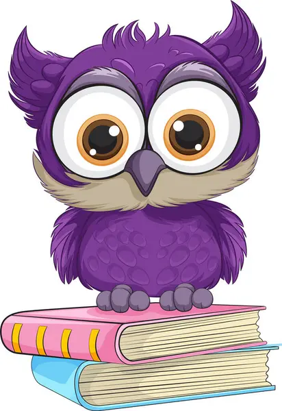 Симпатичная Фиолетовая Сова Сидит Красочных Книгах — стоковый вектор