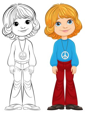 Barış sembollü çizgi film kızı, renkli ve özet çizilmiş..