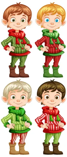 Four Cheerful Elves Dressed Holiday Outfits — Stock Vector