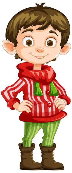 Smiling Elf Character Dressed Holiday Themed Clothes — Stock Vector