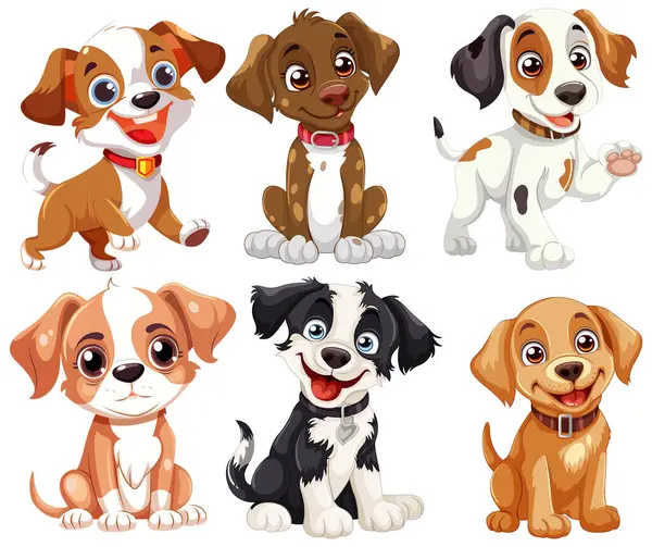 Seis Lindos Cachorros Dibujos Animados Con Varias Expresiones Ilustración De Stock
