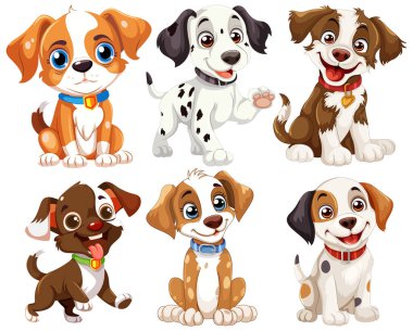 Neşeli ifadeleri olan altı sevimli animasyon köpek yavrusu.